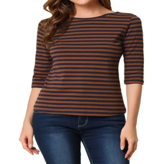 Allegra K Women's Elbow Sleeves Round Neck Slim Fit Casual Printed T-Shirt image {15}