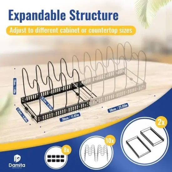 SEVOBAL 2PC Pot Rack Expandable Pan Organizer Lid Holder 10 Adjustable Compartment Kitchen Cabinet Cookware Baking Rack, Black, 12.48"*8.19"*4.68" image {2}