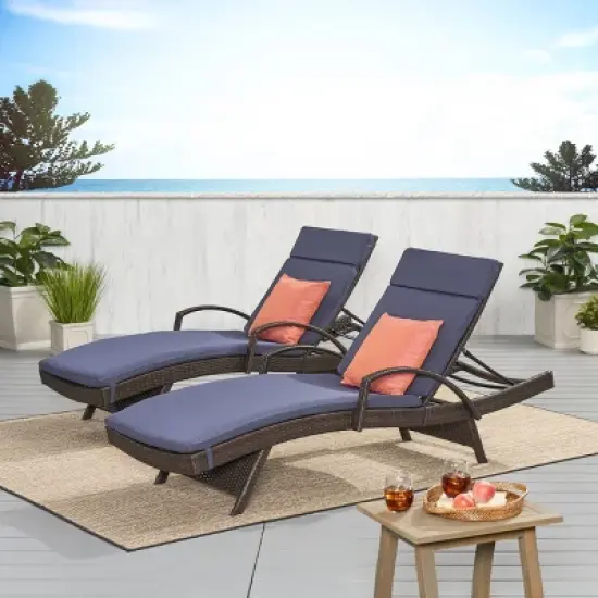 Salem Set of 2 Brown Wicker Adjustable Chaise Lounge with Arms - Navy Blue - Christopher Knight Home: Weather-Resistant, Cushioned, Patio Furniture image {4}