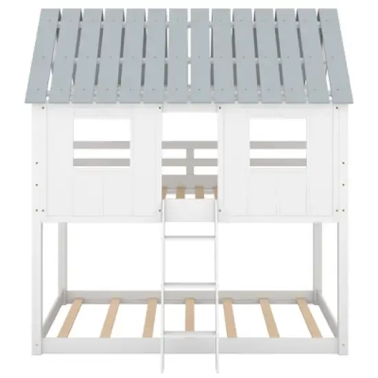 Twin over Twin Low Bunk Beds with House Shaped Roof and Guardrail, White-ModernLuxe image {4}