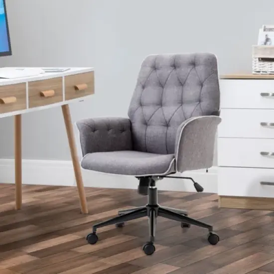 Vinsetto Modern Mid-Back Tufted Linen Home Office Desk Chair with Arms, Swivel Adjustable Task Chair, Upholstery Accent Chair with Soft Seat, Gray image {1}