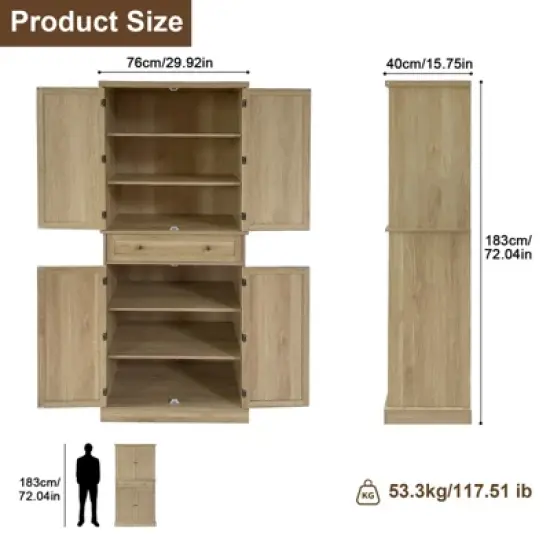 72-Inch Tall Narrow Kitchen Pantry Cabinet with 4 Doors & Drawer, Adjustable Shelves, Farmhouse Wooden Storage Cupboard, Natural Finish image {1}