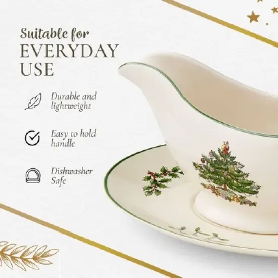 Portmeirion Christmas Tree 9 Oz Gravy Boat & Stand - Festive Porcelain Sauce Boat with Tray for Holiday Gatherings - Microwave, Dishwasher, Oven Safe image {5}