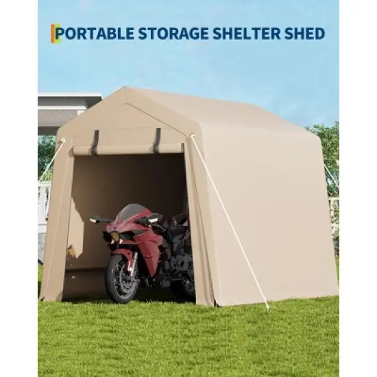 6x8 FT Portable Outdoor Storage Shed with 2 Roll-Up Zipper Doors & Vents,Waterproof PE Tarp,UV-Resistant Carport for Motorcycle,Firewood,Tools-Khaki image {2}