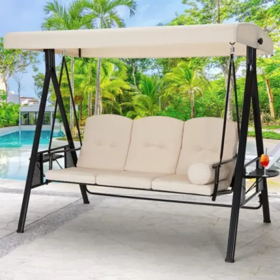COWLOWN Beige 3 Seat Outdoor Patio Swing Chair for Adults, Adjustable Canopy, Removable Cushion, Ideal for Backyard, Garden, Poolside & Balcony image {5}