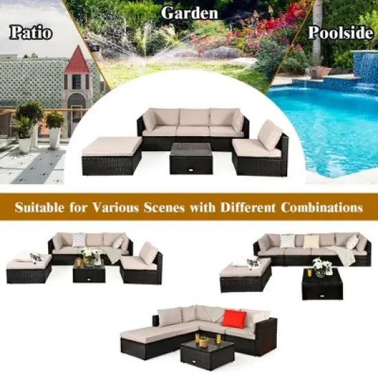 Costway 6PCS Outdoor Rattan Furniture Set Patio Seating Set Cushioned Ottoman image {4}