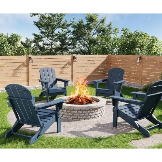 Folding Adirondack Chair Set of 4, HDPE All Weather Outdoor Fire Pit Chairs with Wooden Texture, 380Lb Capacity for Lawn Deck Backyard Patio Garden image {9}