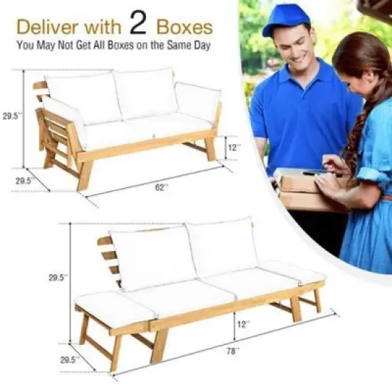 Bestier Adjustable Patio Convertible Sofa, Acacia Wood Porch Couch Sofa Bed with Adjustable Armrest, Outdoor Daybed with Cushions, Outside Couch Bench image {5}