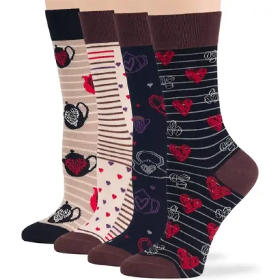 Women Viscose Bamboo Patterned Dress Socks - 4 Pack L/M Black, Brown, Blue, Beige - Bird, Mushroom, Heart | 7BIGSTARS KINGDOM image {6}