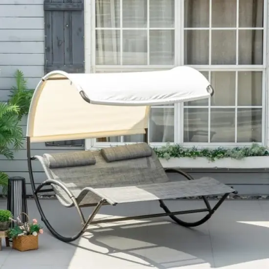 Resenkos Outdoor Double Chaise Rocking Chair, Day Bed Sun Lounger with Canopy Shade, Headrest Pillow, Armrests, Light Gray image {4}