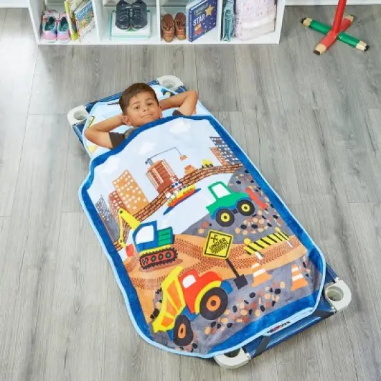 EVERYDAY KIDS Construction Toddler Cot Nap Mat for Home, Daycare, Preschool ; Easy to Roll Sleeping Mat with Elastic Straps, Pillow and Blanket image {8}