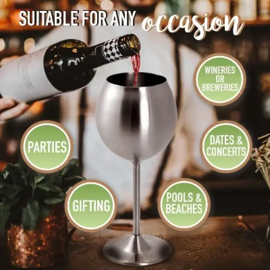 D'Eco Unbreakable 12 Oz Stainless Steel Wine Glasses (8 Pack) Large Stemmed Matte Silver Wine Goblets - Reusable Drinkware - Great Mother's Day Gift image {3}