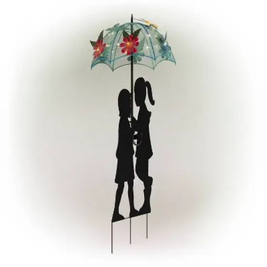 39" Iron Boy & Girl Silhouettes Holding Solar Lighted Umbrella - Alpine Corporation image {3}
