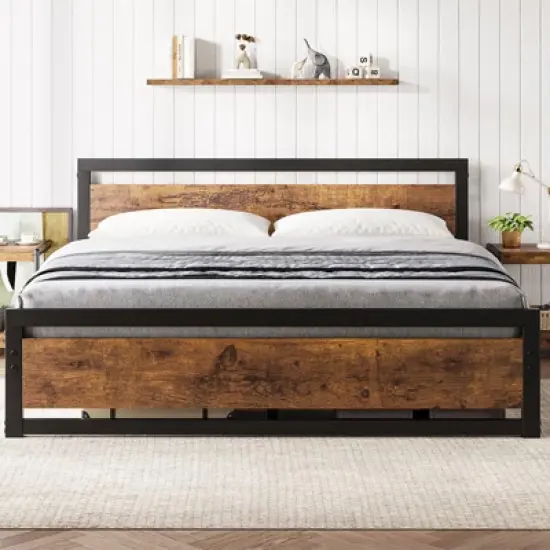 Full Size Bed Frame, 14 Inch King Size Bed Platform Industrial with Headboard No Box Spring Needed, Easy Assemble Mattress Bedframe Retro Brown image {8}
