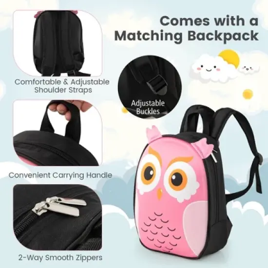 Costway 2PCS Kids Carry On Luggage Set 16'' Owl Rolling Suitcase with 12'' Backpack Travel Pink/White/Yellow image {5}