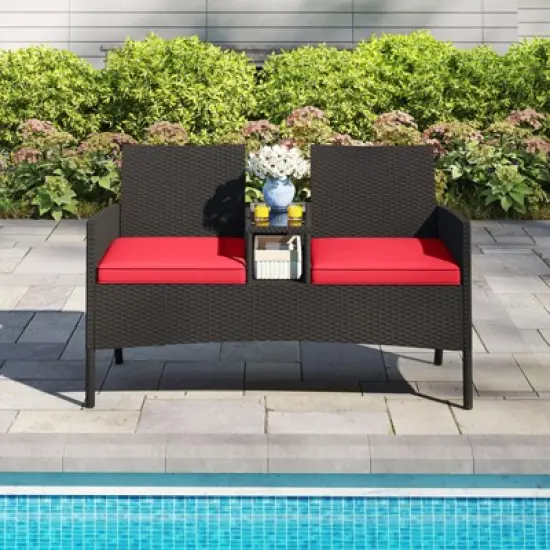 Tangkula Outdoor Rattan Loveseat 2-Seat Patio Conversation Set with Built-in Coffee Table Cushions Wicker Bench Furniture image {2}