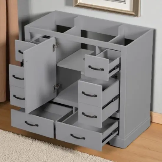 36" Bathroom Vanity Cabinet Base Only, Solid Wood & MDF, 6 Drawers, Adjustable Shelf, No Sink, Freestanding image {5}