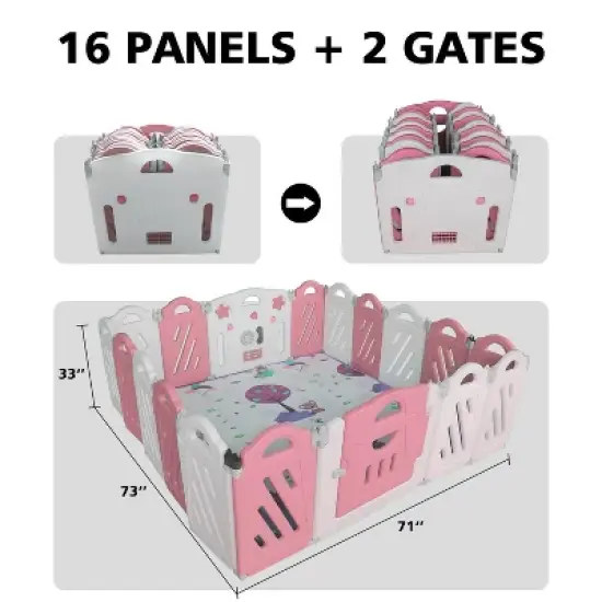ORRD 16+2 Panel Baby Playpen - Foldable Playard with Safety Gate, Adjustable Shape for Kids (Pink+White) image {7}