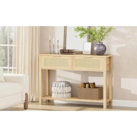 Entryway Table with Drawers, Rattan Console Table with Storage, Boho 2-Tier Sofa Table for Living Room and Hallway image {8}