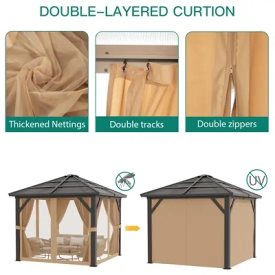 Hardtop Gazebo, Outdoor Polycarbonate Roof Canopy, Heavy Duty Hardtop Pavilion with Netting and Curtains image {4}
