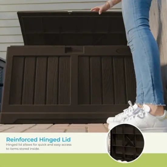 Suncast 50 Gallon Medium Capacity All Weather Construction Resin Outdoor Storage Deck Box with Bench Seat and Lid for Patio, Garden, or Pool, Java image {3}