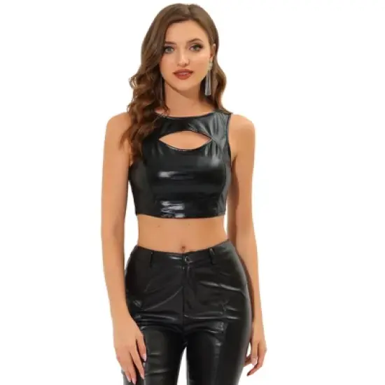 Allegra K Women's Metallic Crop Shiny Sleeveless Cut Out Party Clubwear Holographic Tank Tops image {9}