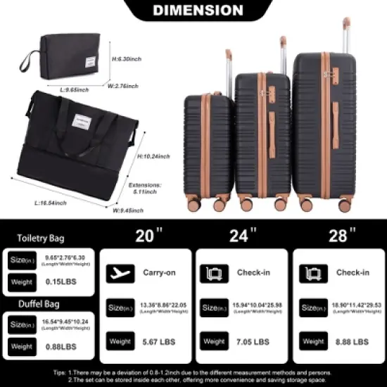 Gulches Gulches 5-Piece Durable Hard Case Luggage Set (20"/24"/28"/Travel Bag/Toiletry Bag) - Color Matching Black image {1}