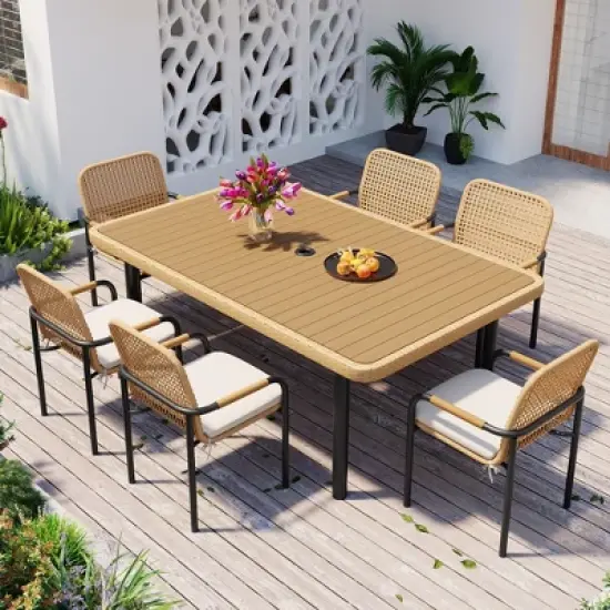 FIONECA 7-Piece Outdoor Wicker Patio Dining Set with Plastic-Wood Table Top, Umbrella Hole, Beige Cushions &uml;C Backyard, Garden & Poolside Furniture image {1}