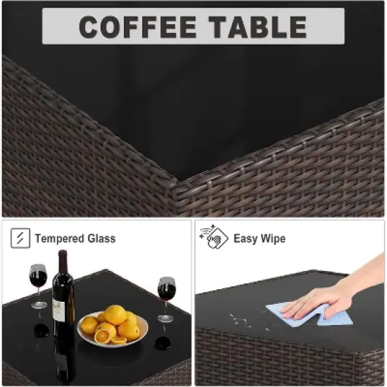 8 Pieces Outdoor Patio Furniture Set, Wicker Rattan Sectional with 4" Cushions, Glass Table & Hidden Storage Box, Brown image {6}