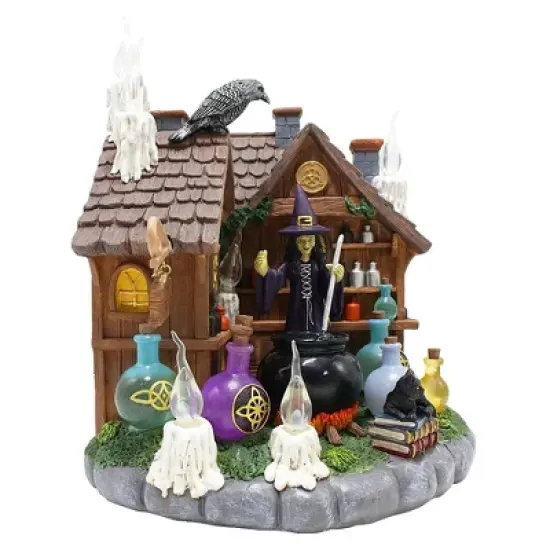 Enchanted Witch Cottage Lighted Figurine, 10" LED Halloween Decor Statue with Cauldrons and Ravens| OrnamentallyYou image {5}