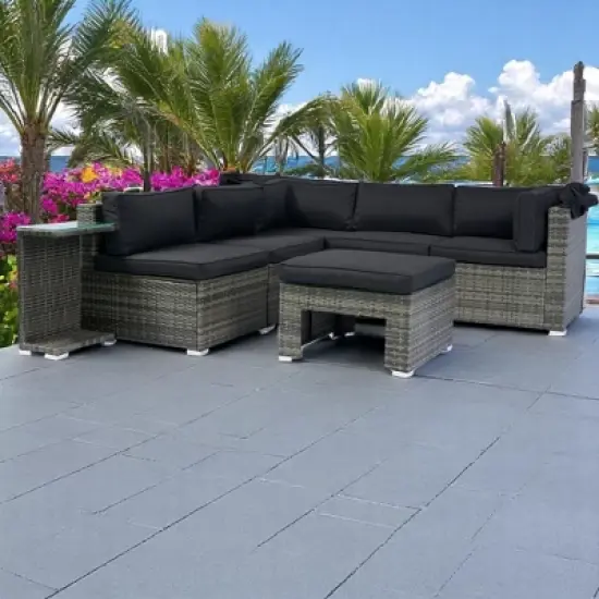 7-Piece Outdoor Patio Furniture Set with Retractable Canopy,Wicker Rattan Sectional Sofa with Washable Cushions for Lawn,Garden, Backyard, or Poolside image {8}