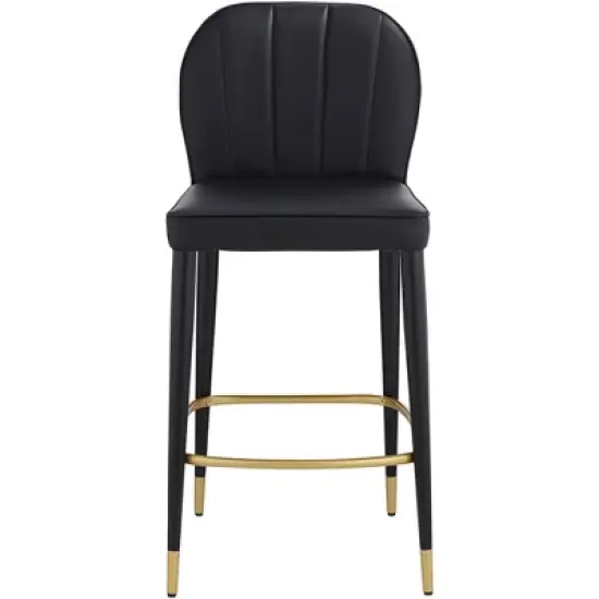 55 Downing Street Metal Bar Stool Black Gold 25" High Mid Century Modern Faux Leather Cushion with Backrest Footrest for Kitchen Counter Height Island image {6}
