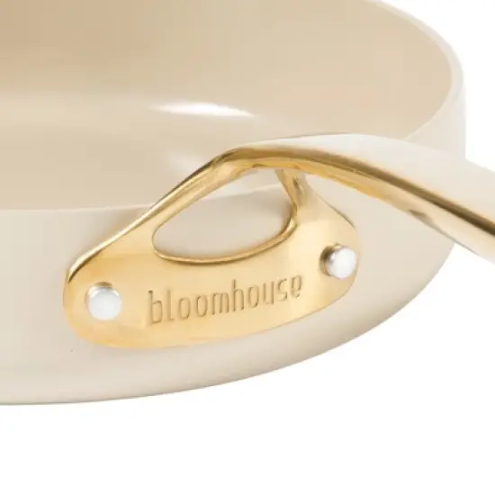 Bloomhouse 10 Inch Heavy Duty Aluminum Premium PFA Free Ceramic Nonstick Saute/Deep Frying Pan Skillet with Lid - Linen White with Gold Handle image {5}