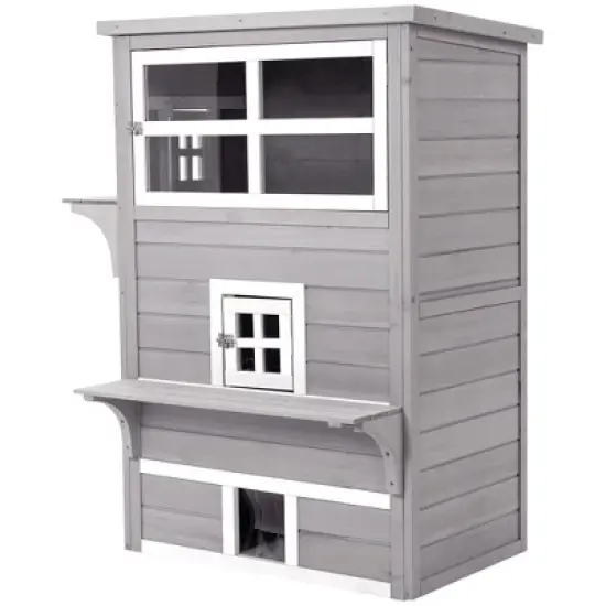 PawHut 3-Story Cat House Feral Cat Shelter, Outdoor Kitten Condo with Raised Floor, Asphalt Roof, Escape Doors, Jumping Platforms image {3}