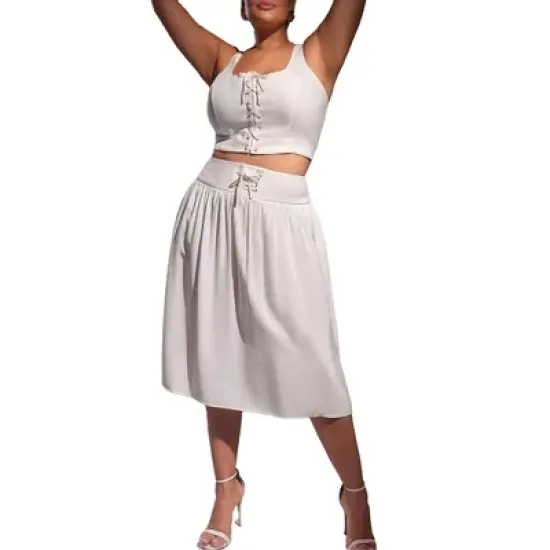 ELOQUII Women&rsquo;s Plus Size Lace Up Waist Midi Skirt image {1}