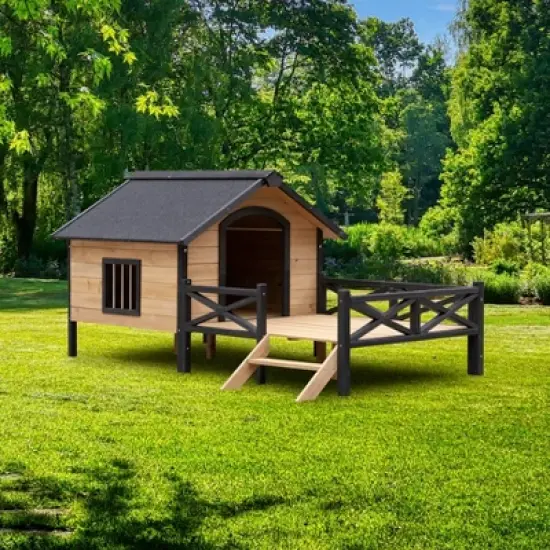 ORRD Outdoor Large Wooden Cabin House Style Wooden Dog Kennel with Porch image {6}