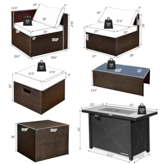 Tangkula 9 Pieces Outdoor Patio Furniture Set with 42" Propane Fire Pit Table Outdoor PE Wicker Space-Saving Sectional Sofa Set Black/Gray/Navy/Red/Turquoise/Off White image {1}