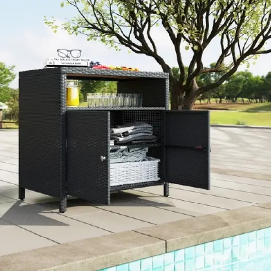 Outsunny Rattan Outdoor Storage Cabinet, Wicker Bar Table with Acacia Wood Countertop, Two Doors, Shelf, for Garden, Patio, Backyard image {5}