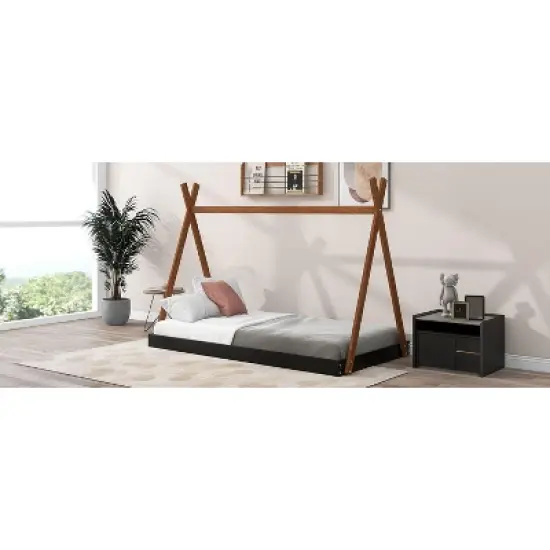 Okak Twin Triangle Tent Top Wooden Bed Frame,Modern Floor Bed for Toddlers/Kids Bedroom image {2}