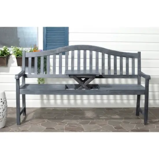 Cannes Wood 4-Seater Patio Bench with Pop-Up Table - Gray - Safavieh image {1}