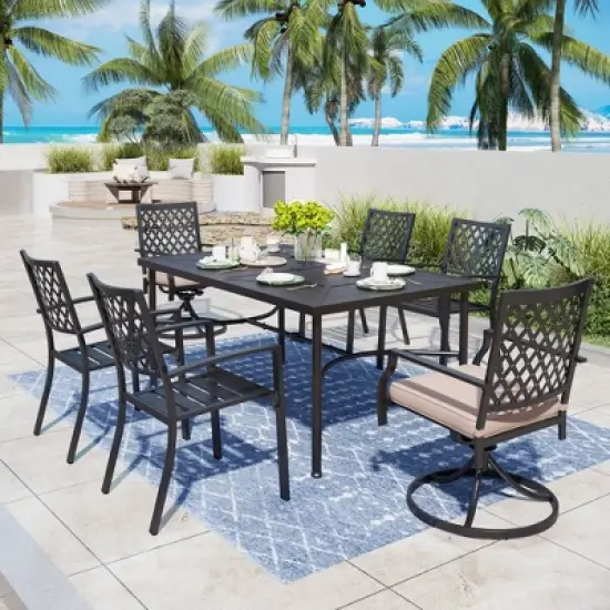 Captiva Designs 7pc Patio Dining Geometric Pattern Rectangular Steel Table & Mesh Back Metal Arm Chairs image {12}