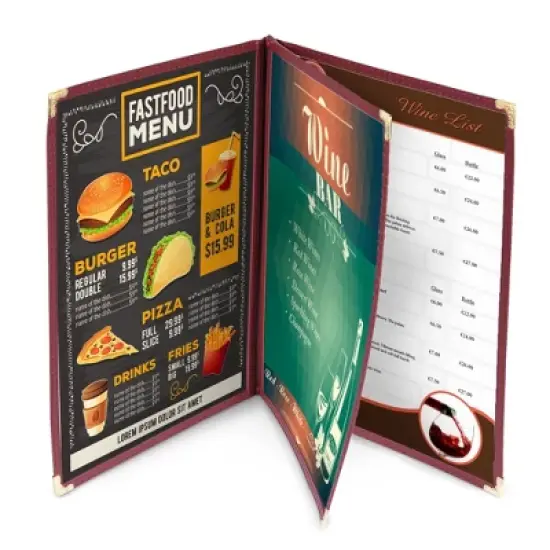 WeChef 60 Pack Restaurant Menu Covers 8.5x11" Book Style 3 Pages 6 View Burgundy Red image {5}