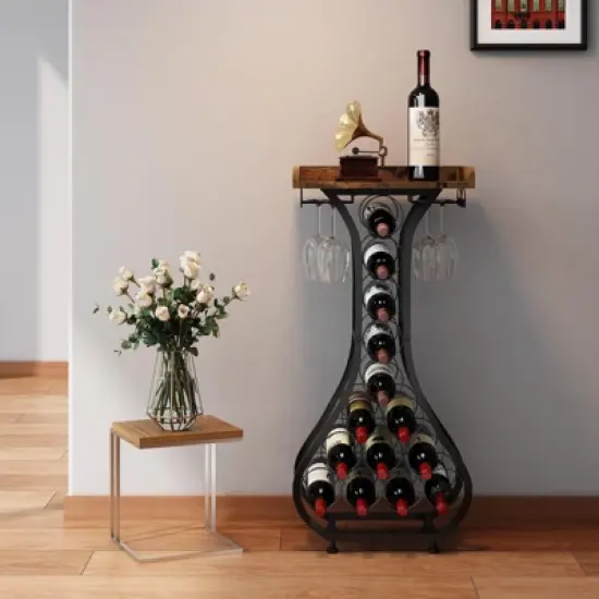 Itopfox Freestanding Wine Rack with Wood Tabletop & Glass Holder, Mini Bar Table for 14 Bottles, Space-Saving Floor Stand for Kitchen, Living Room image {1}