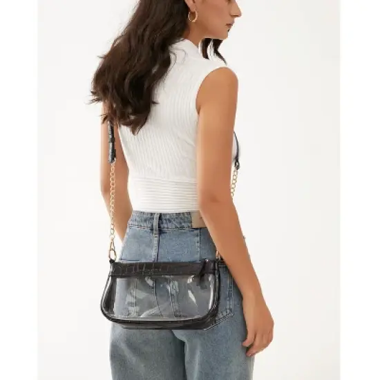 Clear Shoulder Handbag Classic 90s Purse Women Vegan Leather Crocodile Crossbody Bag (Black) image {5}