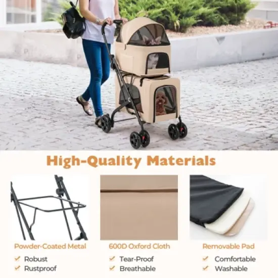 Tangkula Double Dog Stroller Foldable 3-in-1 4 Wheels with 2 Detachable Carriers Safety Belt Washable Cover Removable Pads for Small Medium Dogs image {7}