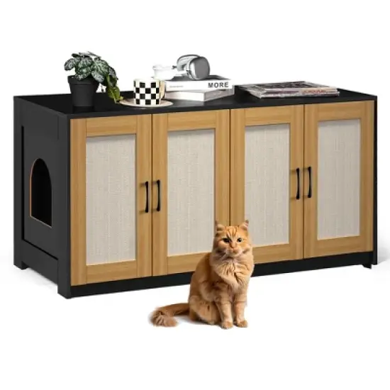 47'' Cat Litter Box Enclosure for 2 Litter Boxes with 4 Sisal Doors, Hidden Litterbox Enclosure with Double Room, Wooden Sideboard TV Stand image {5}