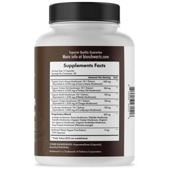 13in1 Mushroom Complex Supplement, Organic Lions Mane, Reishi, Turkey Tail, Cordyceps & more for Energy, Focus & Memory Support, Bioschwartz, 90ct image {5}