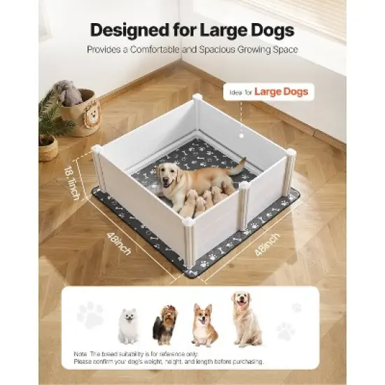 VEVOR Dogs Whelping Box, 48 x 48 x 18.1 inch, Plastic PVC Puppies Playpen with Height Adjustable Door and Washable Pee Pad, Milk White image {2}