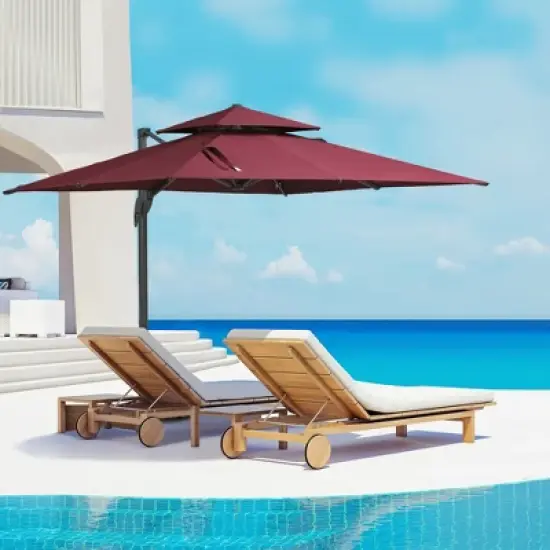 COWLOWN Red 10ft Offset Patio Umbrella with Cross Base, Cantilever Hanging Outdoor Umbrella, 360&iexcl;&atilde; Rotation & Adjustable Tilt for Garden, Poolside image {2}