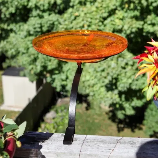 Achla Designs 13.75" Reflective Crackle Glass Birdbath Bowl with Rail Mount Bracket Mandarin Orange: Weather-Resistant, Deck-Mounted image {1}
